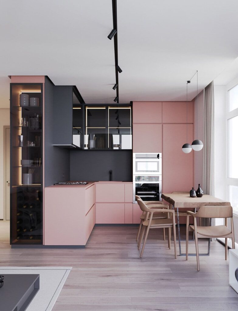 уникальный дизайн кухни в розовых цветах