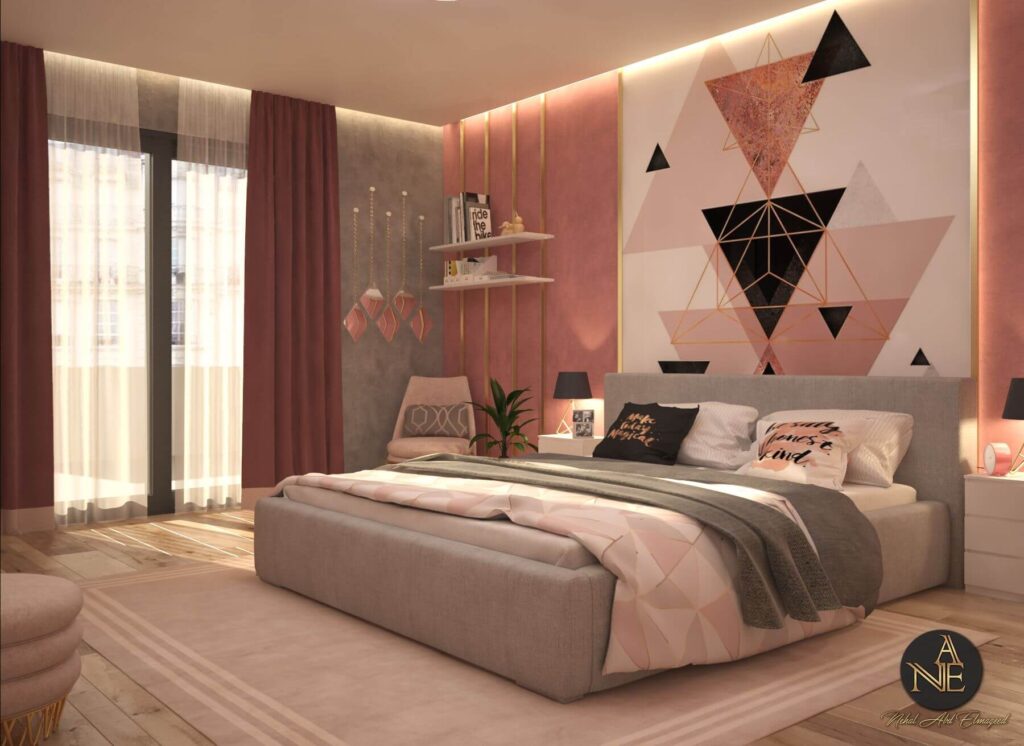 просторная розовая спальня