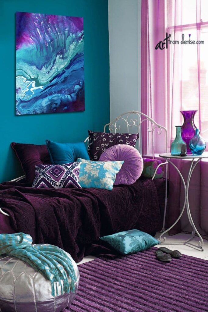 уникальный дизайн спальни в бирюзовых цветах